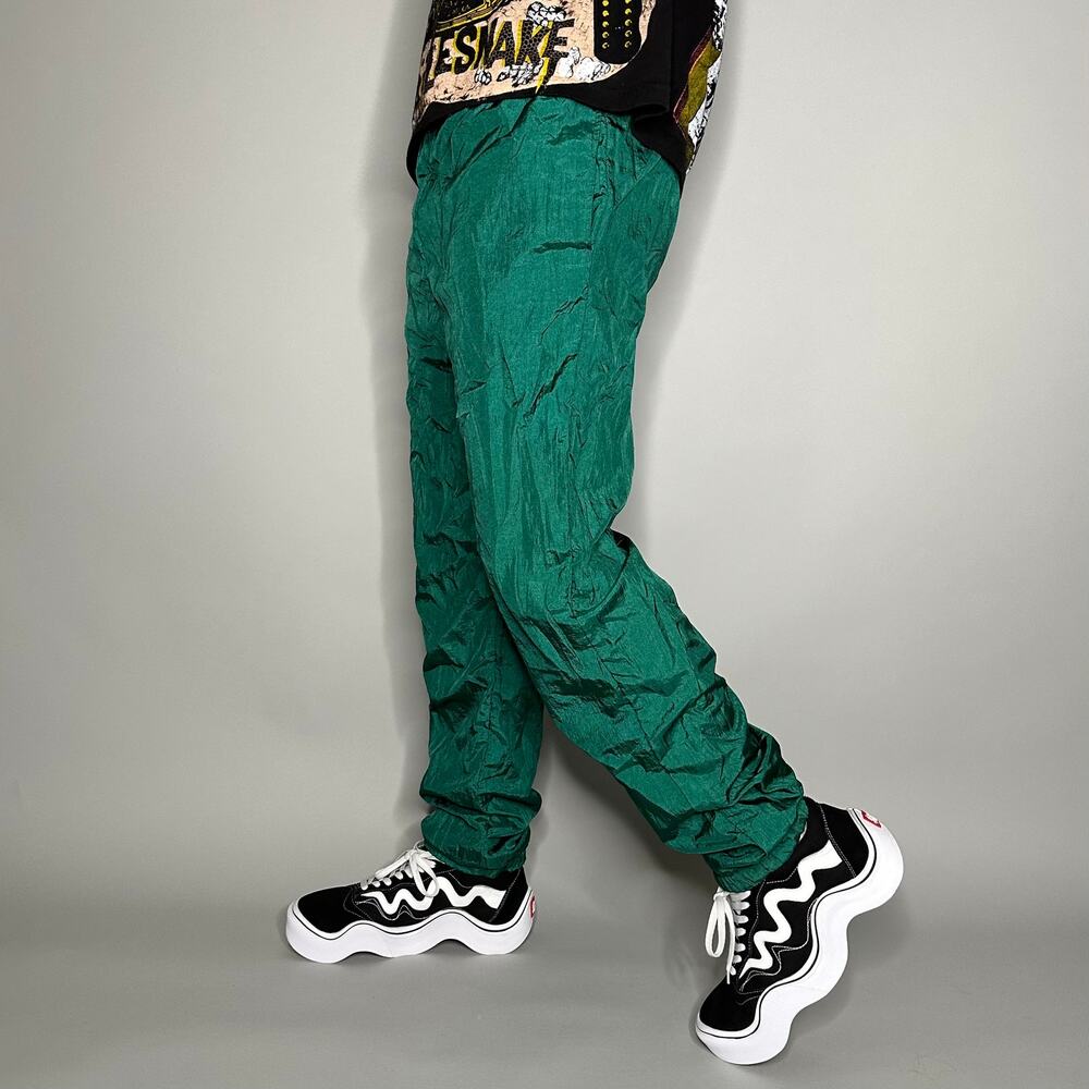 Vintage 90s Track Pants Mens M Forest Green Nylon Joggers Elastic Cuffs Lined